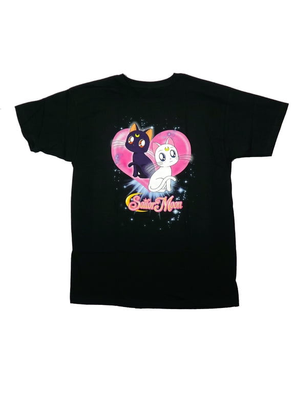 Sailor Moon Mens T-Shirt - Luna and Artemis in front of Pink Heart (Small)