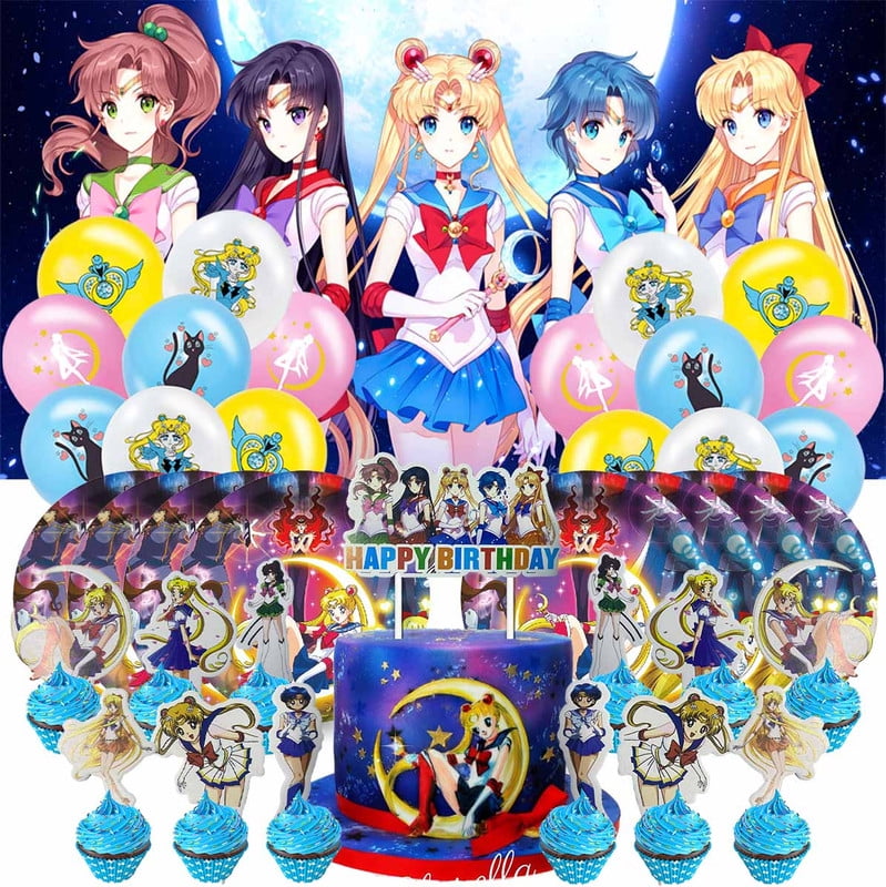 Sailor Moon Party Supplies Cake Topper Decor Banner Backdrop Tableware Balloons Birthday Decorations