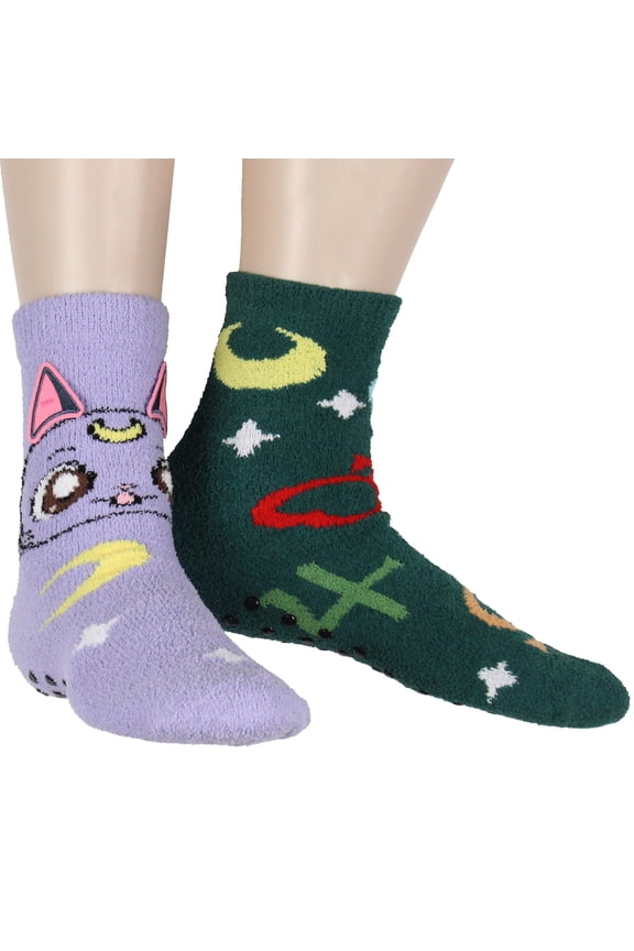 Sailor Moon Socks Women's Artemis And Luna 3D Ears Fuzzy Mid-Calf Adult Anime 2-Pack Crew Socks