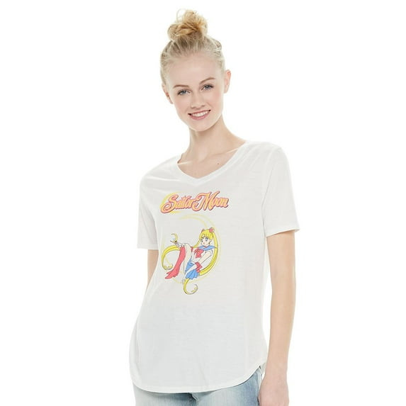 Sailor Moon Women's Officially Licensed Anime Graphic V-Neck Tee T-Shirt - White (Large)