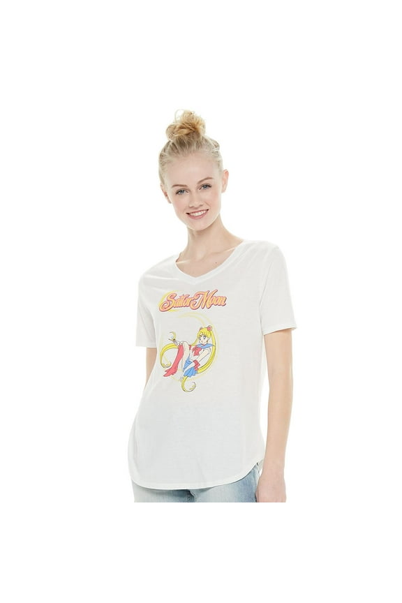 Women's Officially Licensed Anime Graphic V-Neck Tee T-Shirt - White (Small)