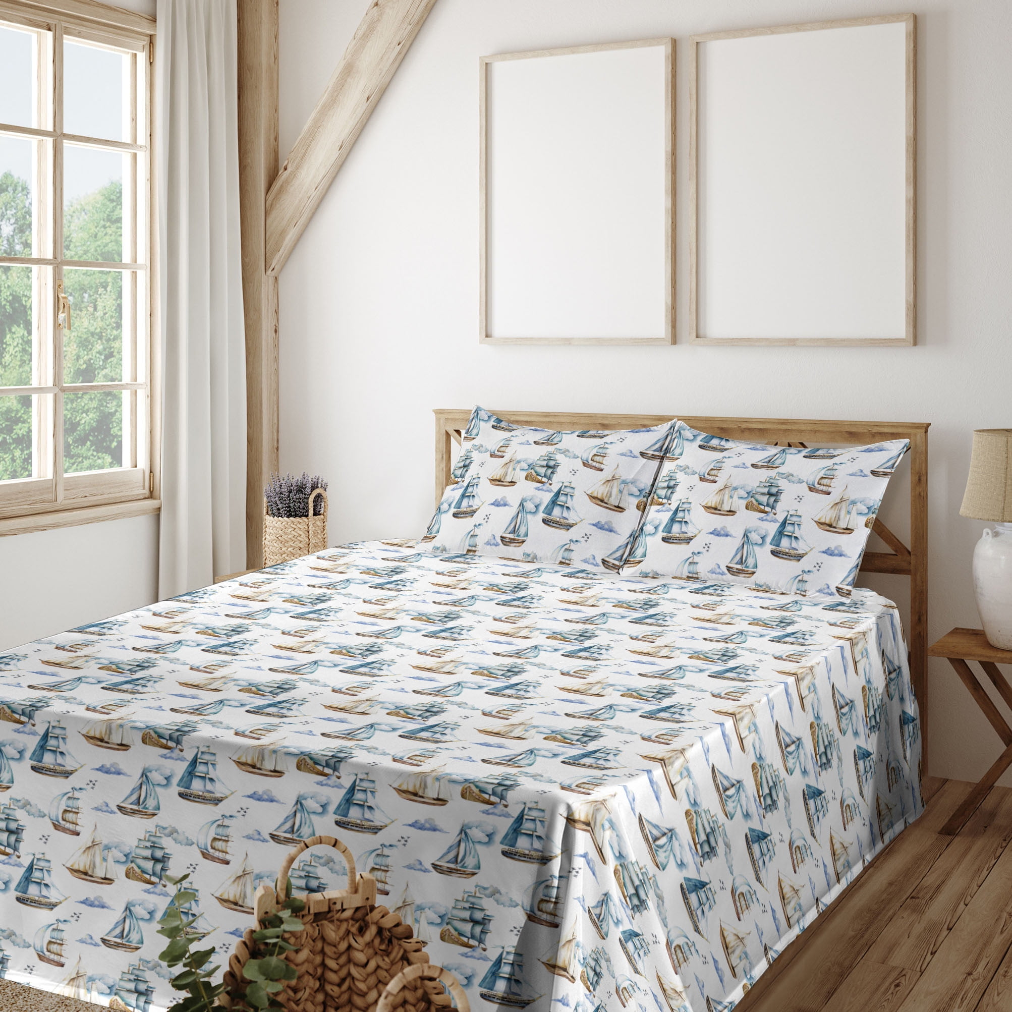 Ambesonne Sailor Fitted & Flat Sheet with Sham 3 Pcs Set, Nautical ...