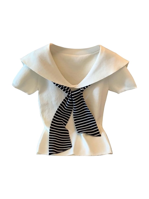 Sailor Shirt for Women,Short Sleeve Short Sleeve Tops for Women Two-Piece Look Solid Color Sailor Collar Striped Bow Tie Pullover Blouse Bow Knot Striped Casual Loose Shirt Summer Dressy Casual Top
