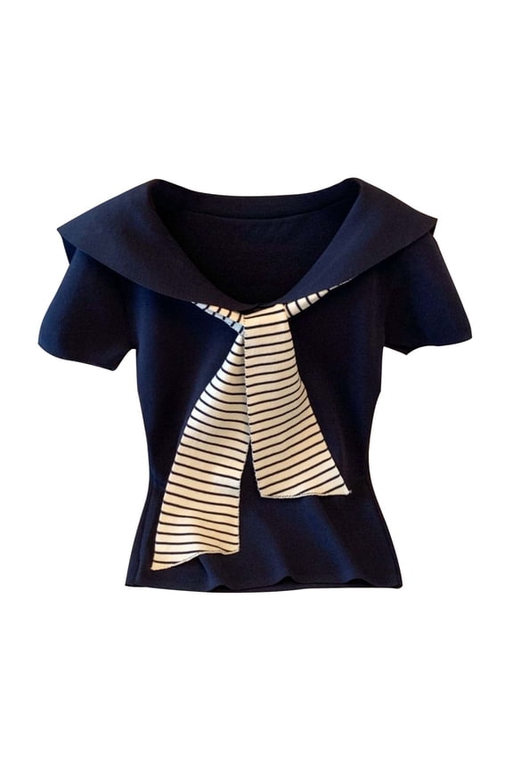Sailor Shirt for Women,Short Sleeve Short Sleeve Tops for Women Two-Piece Look Solid Color Sailor Collar Striped Bow Tie Pullover Blouse Bow Knot Striped Casual Loose Shirt Summer Dressy Casual Top