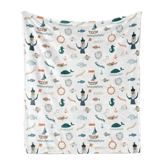 Sailor Soft Flannel Fleece Throw Blanket, Old Sailorman Fish Algae Ship Seahorse Anchor Motifs on Plain Backdrop, Cozy Plush for Indoor and Outdoor Use, 50" x 60", White and Multicolor, by Ambesonne