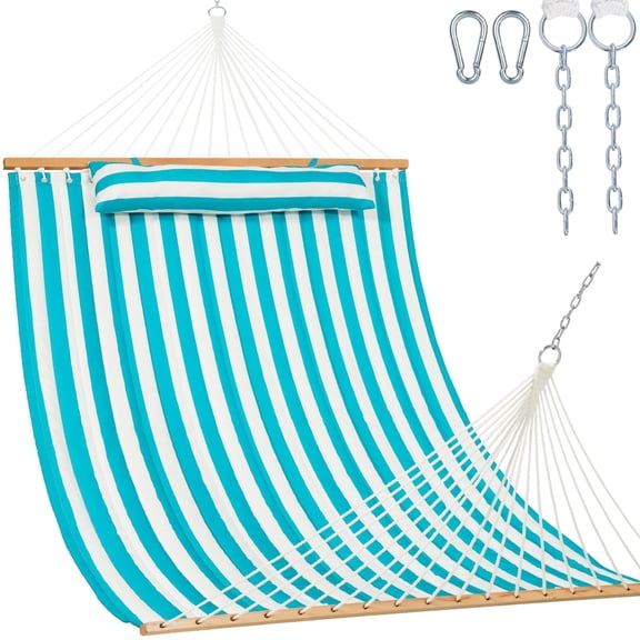 Sailor Stripes Quilted Fabric Double Hammock with Spreader Bars 2 Person Outdoor Use
