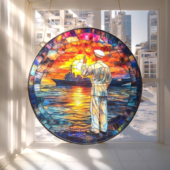 Sailor Tribute Faux Stained Glass Stained Glass Window Suncatcher, Patriotic Navy Decor, Military Gift For Dad Or Remembrance Display