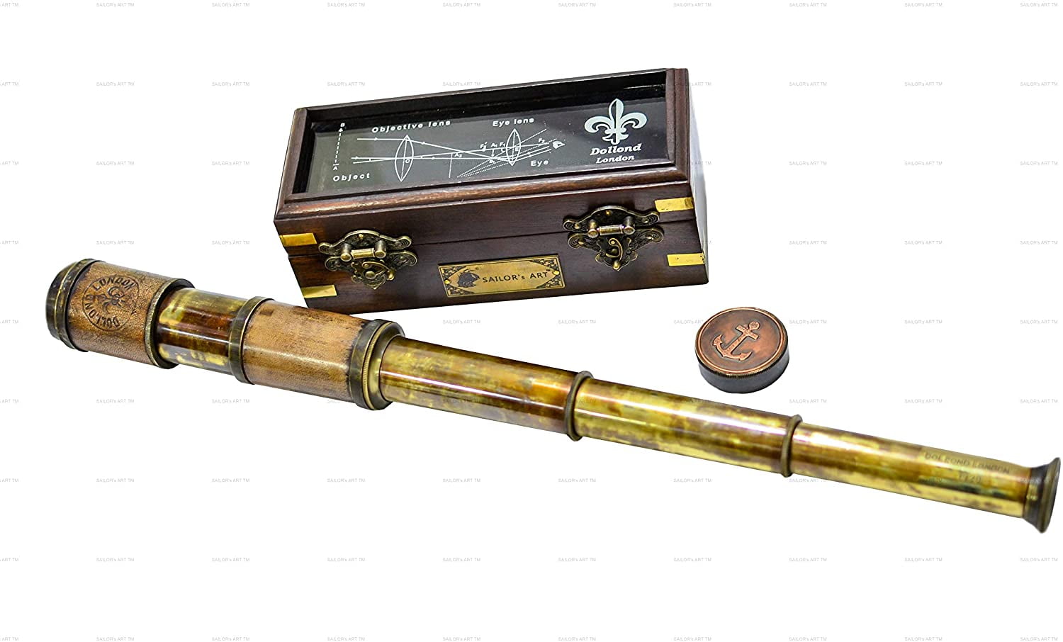 Sailor's Art Antique Brass Telescope Wooden Box-Vintage Look Dollond London Brass Telescope with Glass Optics-Fully Calibrated High Magnification Celestial Viewing-Antique Home Decor