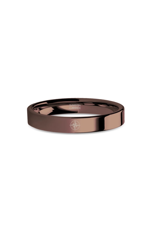 Sailor's Compass Rose Engraved Polished Brown Tungsten Wedding Band, 4mm, Size 10