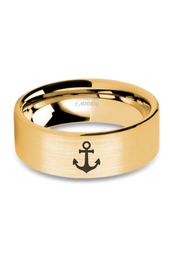 Sailor's Fluke Anchor Engraved Yellow Gold Brushed Tungsten Ring, 8mm, Size 9