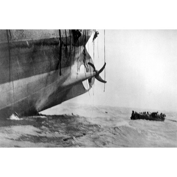 Sailors Escape From Vessel Torpedoed By German Submarine In World War I. The Ship'S Bow Has Already Sunk Into The Waves