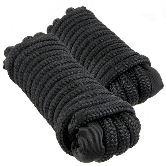 Sailors Locker Black 5/8" inch x 25' foot Double-Braided Nylon Dock Line with chafe protected 24" inch pre-spliced eye loop, 2-Pack