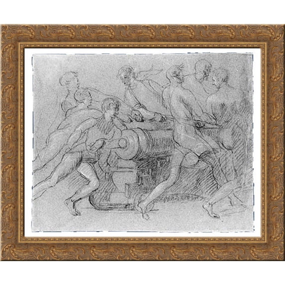 Sailors Maneuvering a Cannon, Possibly a Study for 23x20 Gold Ornate Wood Framed Canvas Art by Copley, John Singleton