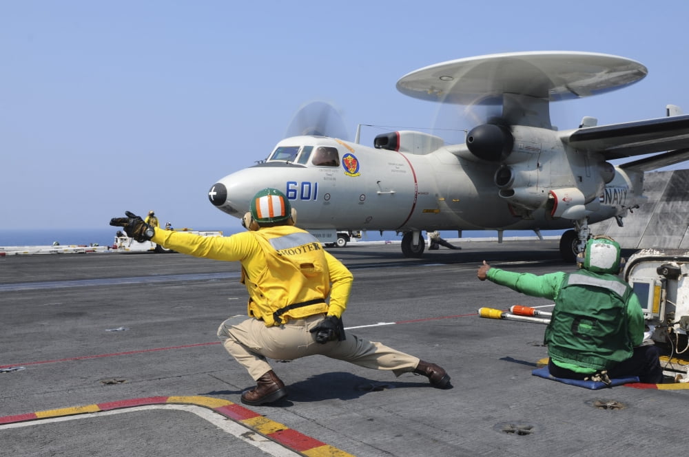 Sailors launch an E-2C Hawkeye aboard USS Dwight D Eisenhower Canvas Art - Stocktrek Images (35 x 23)