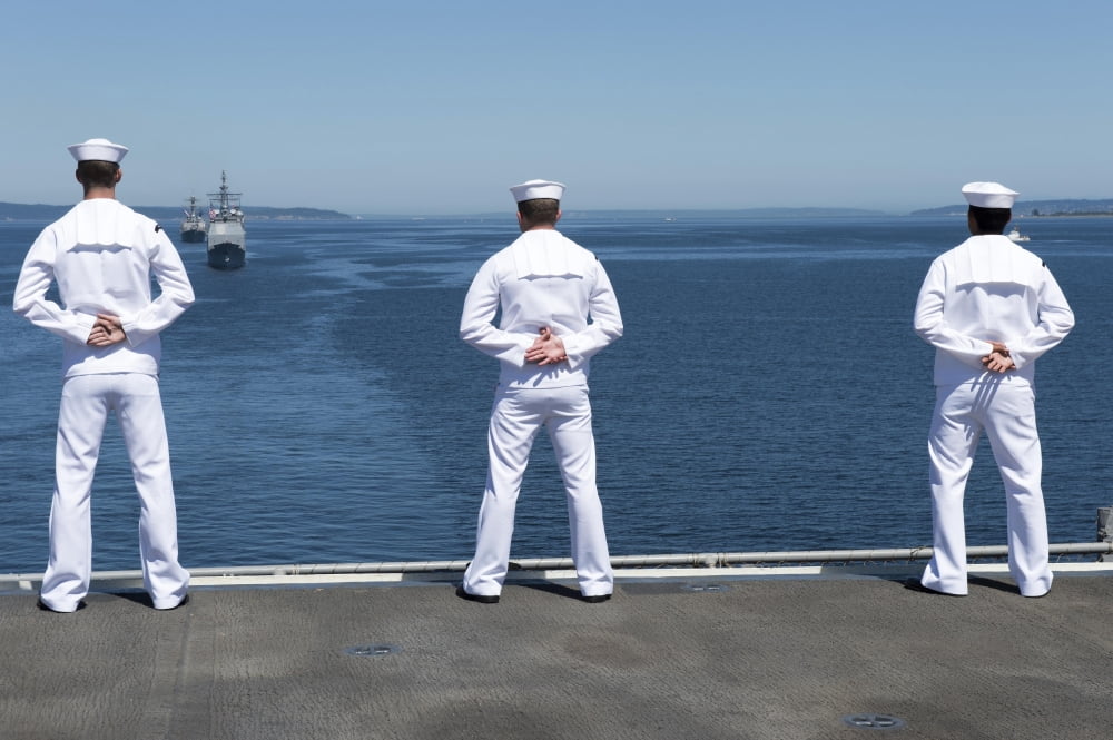 Sailors man the rails aboard USS Essex Canvas Art - Stocktrek Images (34 x 23)