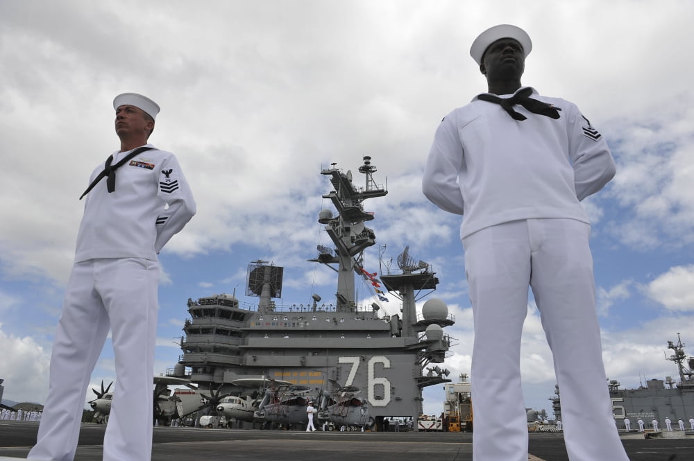 Sailors man the rails aboard USS Ronald Reagan Canvas Art - Stocktrek Images (34 x 23)