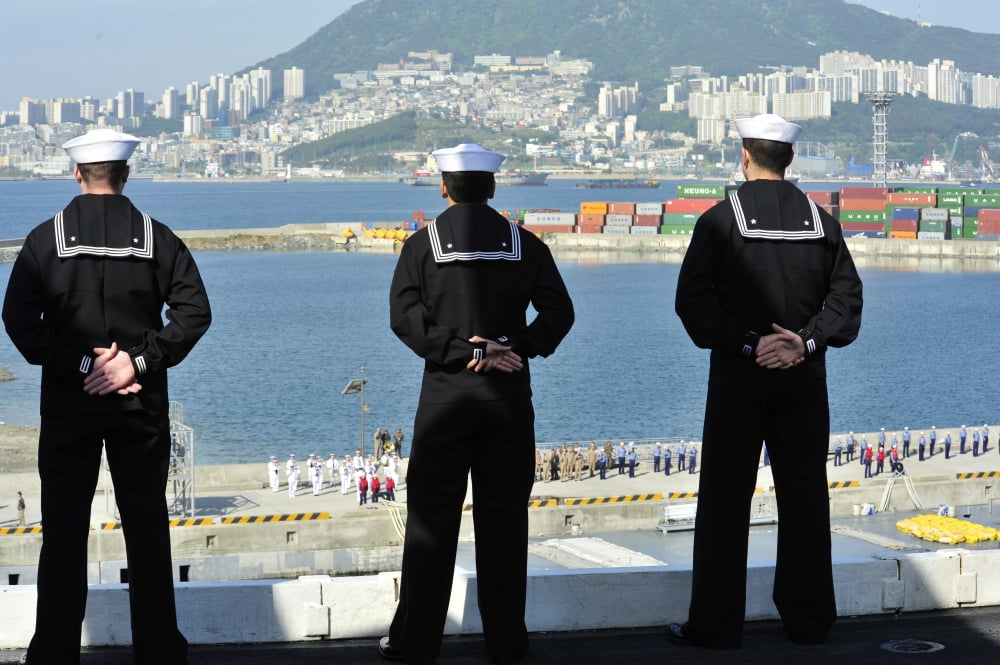 Sailors man the rails aboard the aircraft carrier USS Nimitz Canvas Art - Stocktrek Images (35 x 23)