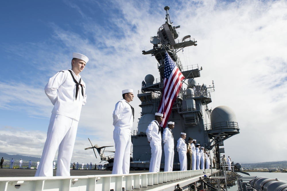 Sailors man the rails as aboard USS Peleliu Canvas Art - Stocktrek Images (34 x 23)