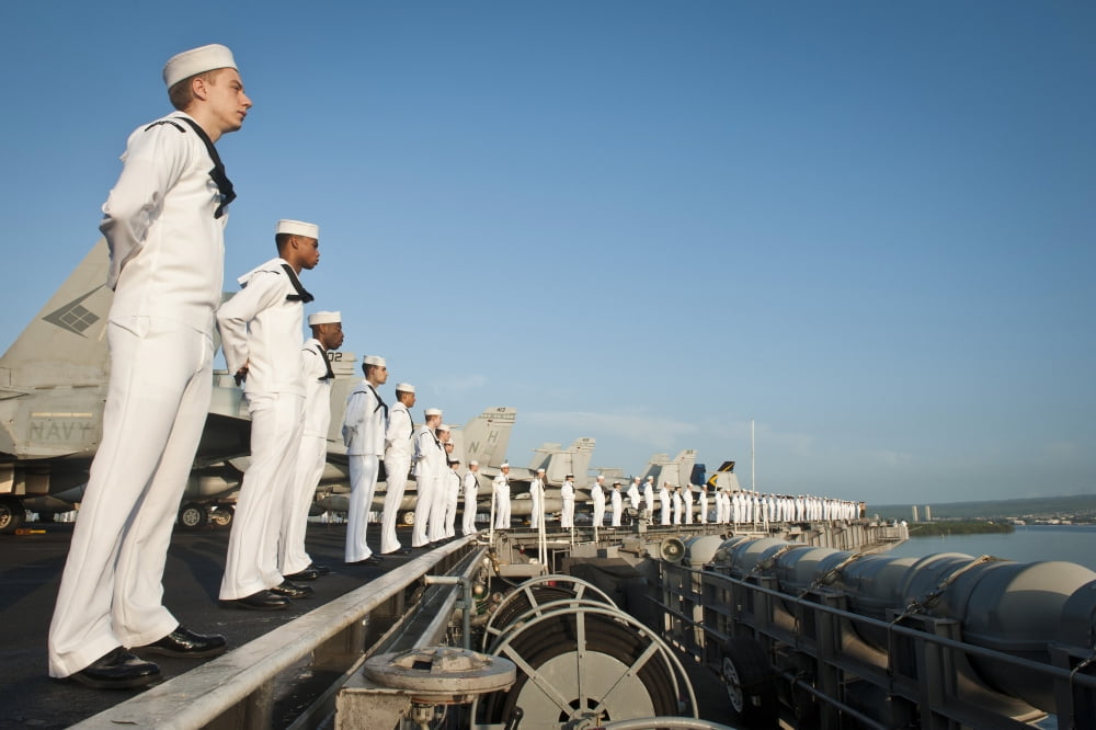 Sailors man the rails of USS Nimitz in Pearl Harbor Canvas Art - Stocktrek Images (34 x 23)