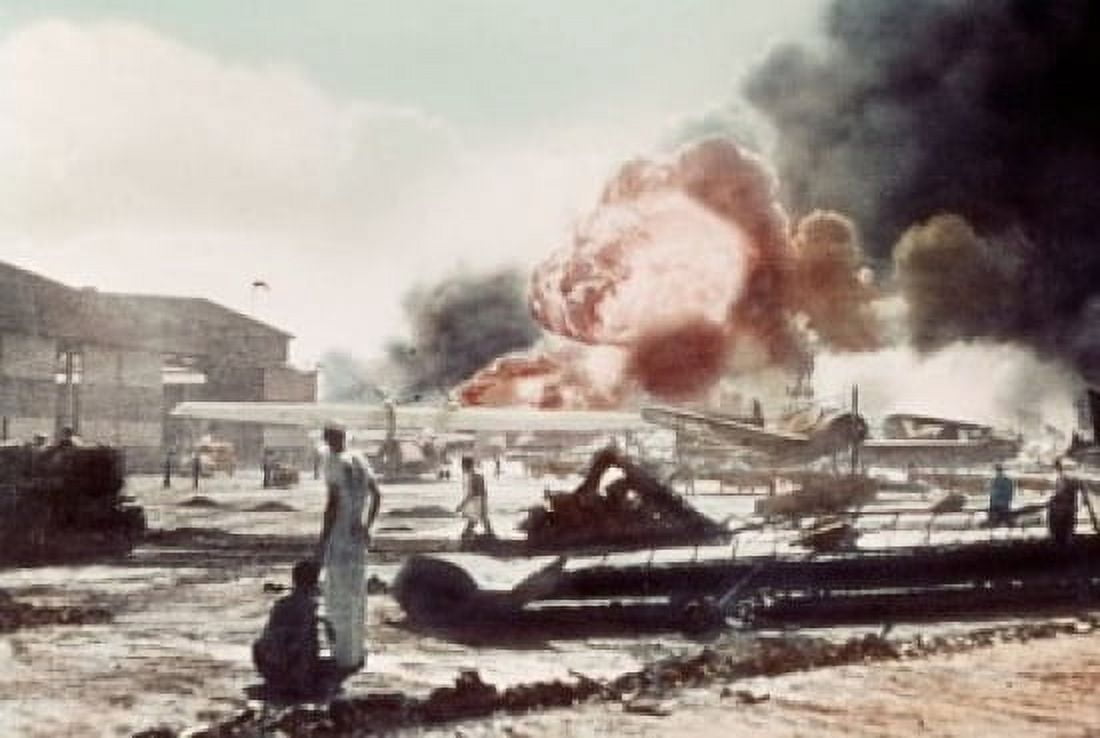 Sailors surrounded by wrecked planes at the Ford Island Naval Air Station watch as the USS Shaw explodes Pearl Harbor Hawaii USA December 7 1941 Canvas Art - (24 x 36)