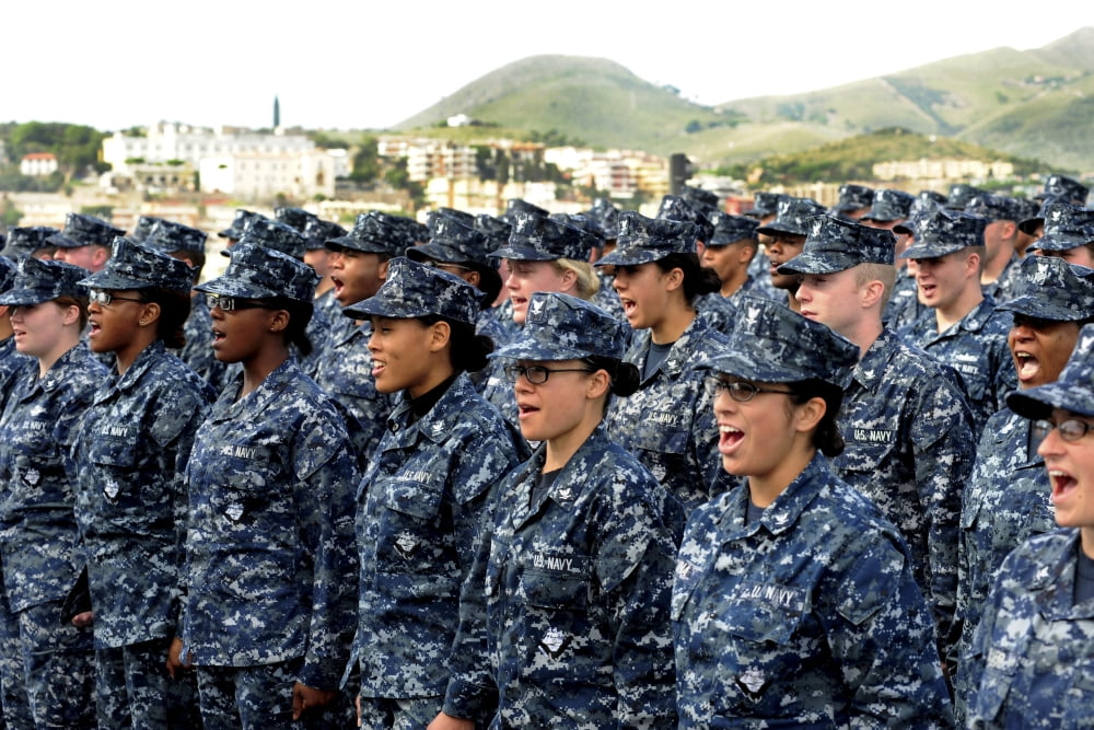 Sailors yell before an all-hands call aboard USS Mt Whitney Canvas Art - Stocktrek Images (34 x 23)