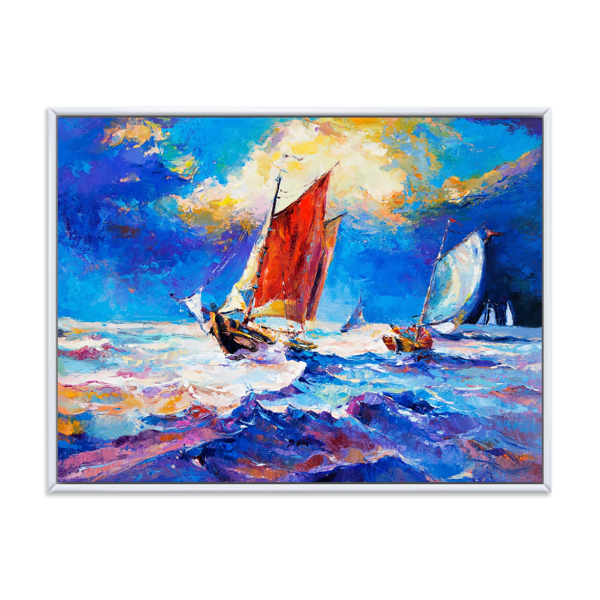 Sailships On The Ocean Waves During Evening 32 in x 16 in Framed Painting Canvas Art Print, by Designart