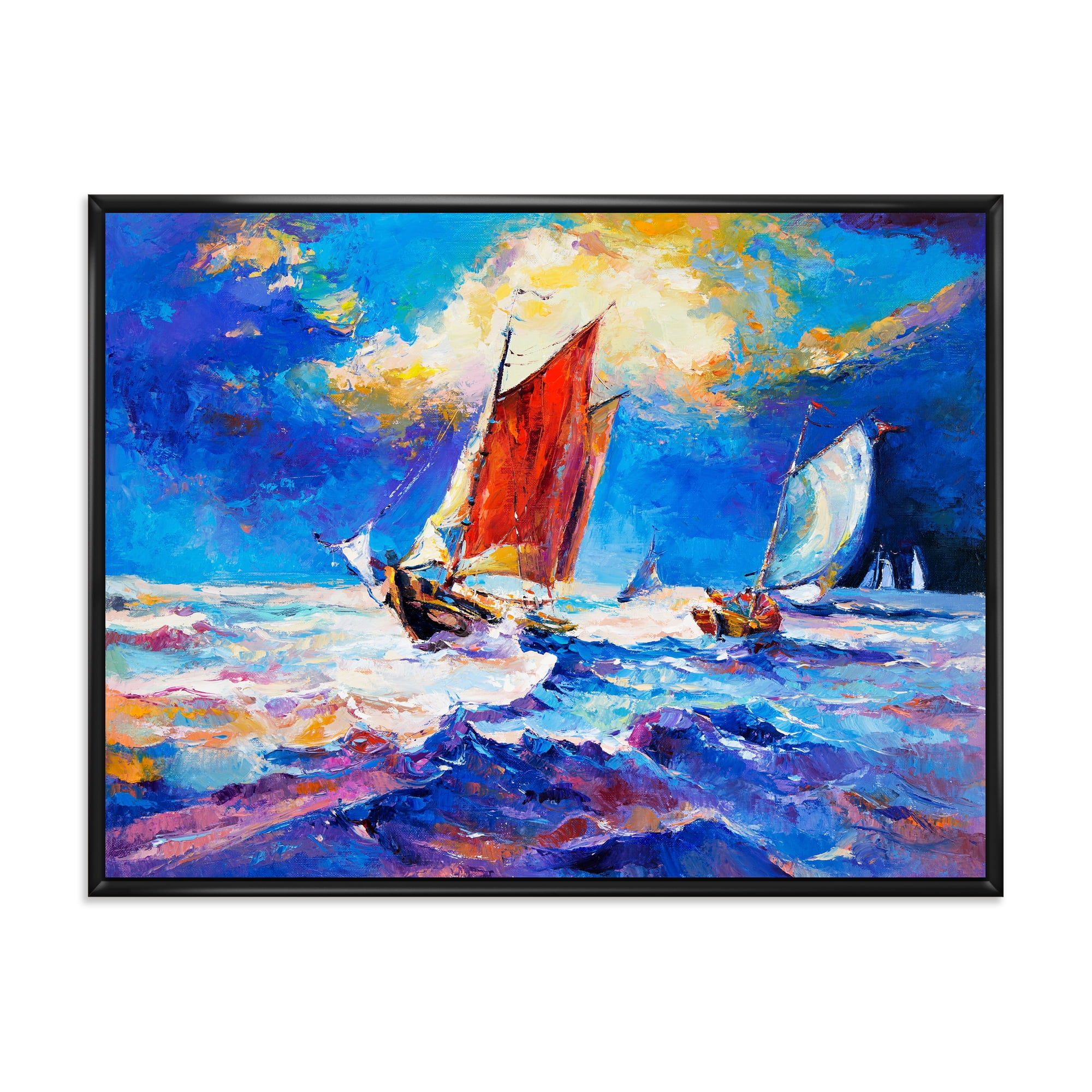 Sailships On The Ocean Waves During Evening 32 in x 24 in Framed Painting Canvas Art Print, by Designart