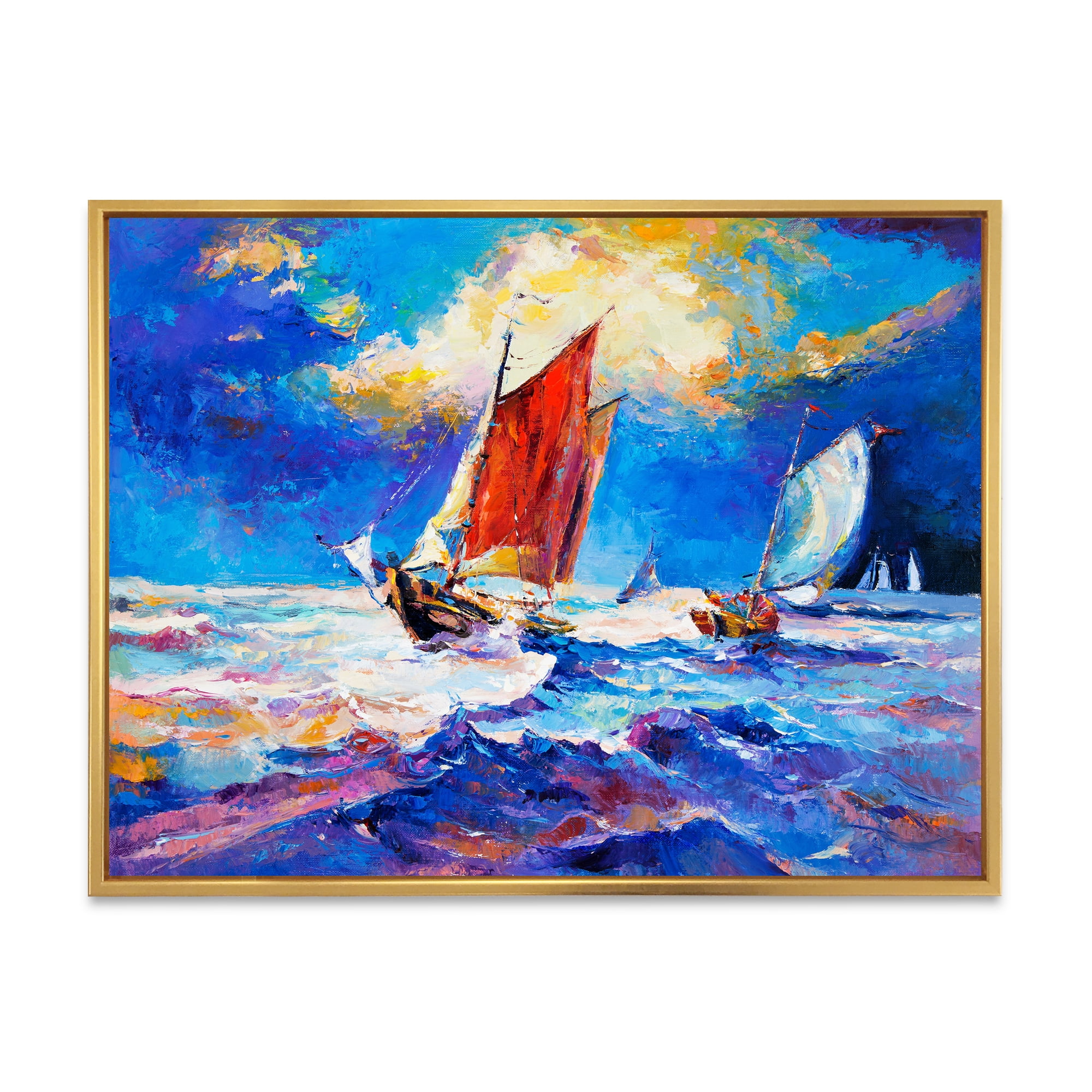 Sailships On The Ocean Waves During Evening 40 in x 30 in Framed Painting Canvas Art Print, by Designart