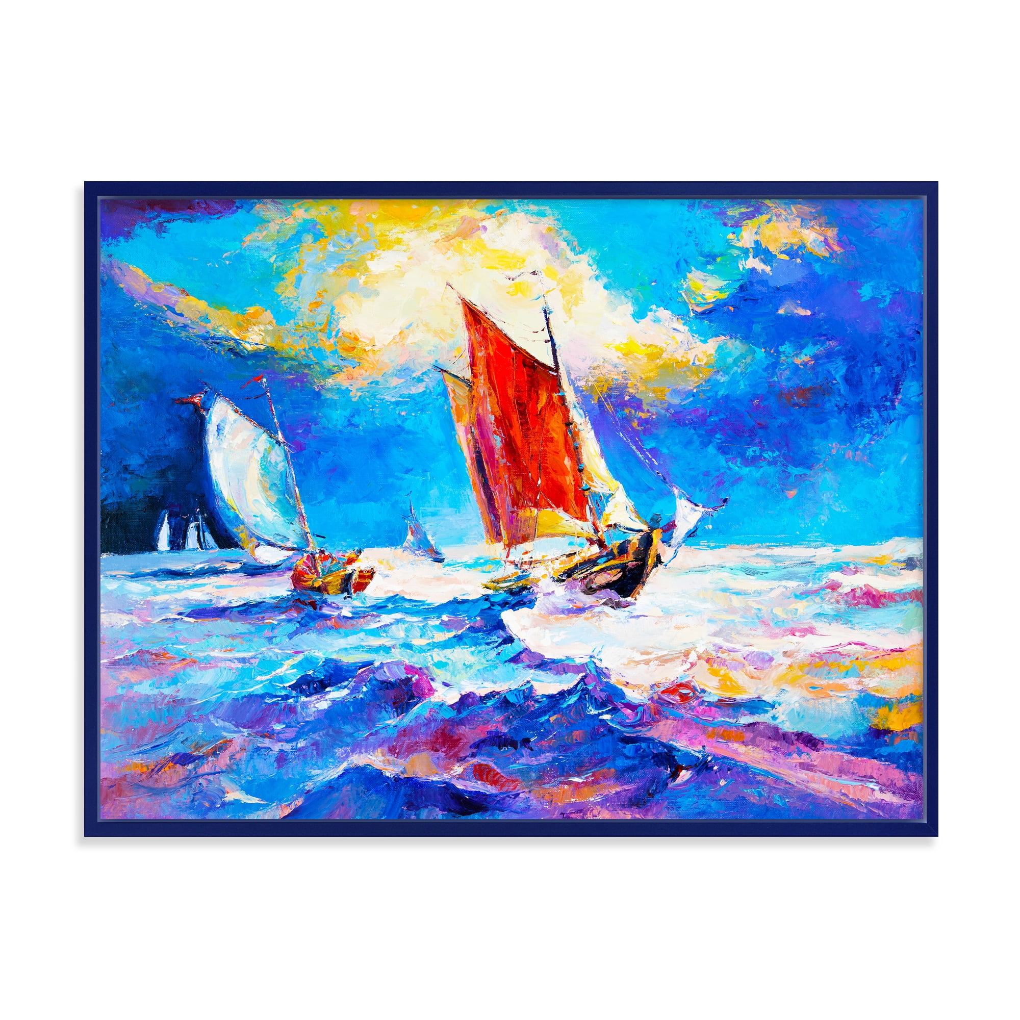 Sailships On The Ocean Waves During Evening 40 in x 30 in Framed Painting Canvas Art Print, by Designart