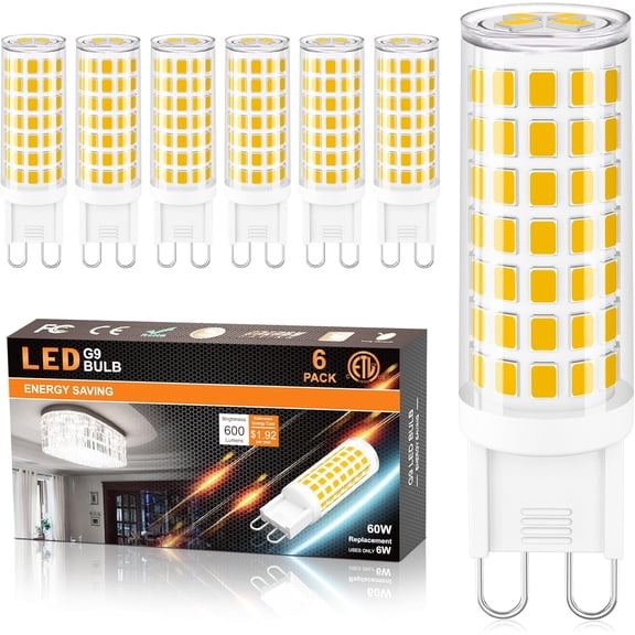 Sailstar G9 LED Bulbs 6W 3000K Soft White, 60W Halogen Equivalent, Bi-Pin Ceramic Base Light Bulbs, Non-Dimmable for Chandeliers, Ceiling Fans & Pendant Lights, 6 Pack