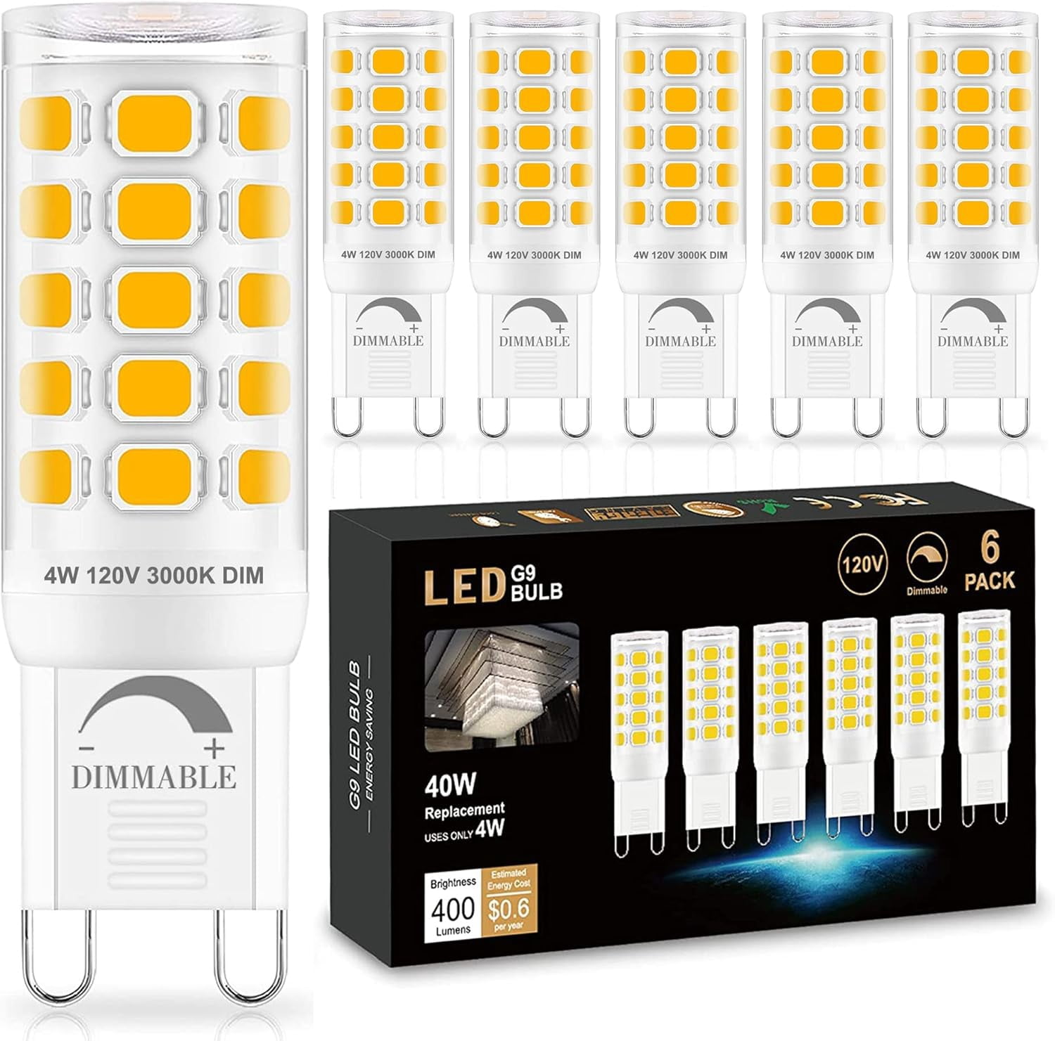 Sailstar G9 LED Light Bulbs, 4W (40W Equivalent), 400 Lumens, 3000K Warm White, Dimmable, 120V, 360° Beam Angle, Ceramic Base, Flicker-Free, 6-Pack