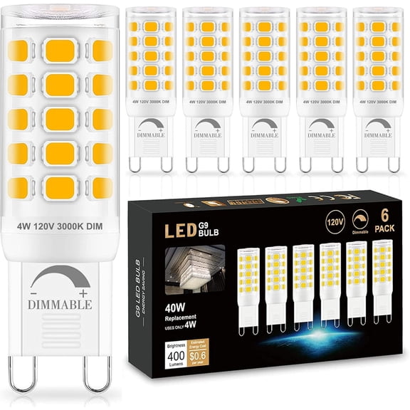 Sailstar G9 LED Light Bulbs, 4W (40W Equivalent), 400 Lumens, 3000K Warm White, Dimmable, 120V, 360 Beam Angle, Ceramic Base, Flicker-Free, 6-Pack