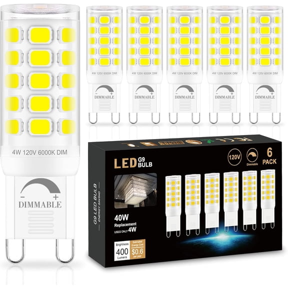 Sailstar G9 LED Light Bulbs, T4 4W (40W Equivalent), 6000K Daylight, 400 Lumens, Dimmable, 120V, 360 Beam, Bi-Pin Base, 6 Pack, for Chandeliers