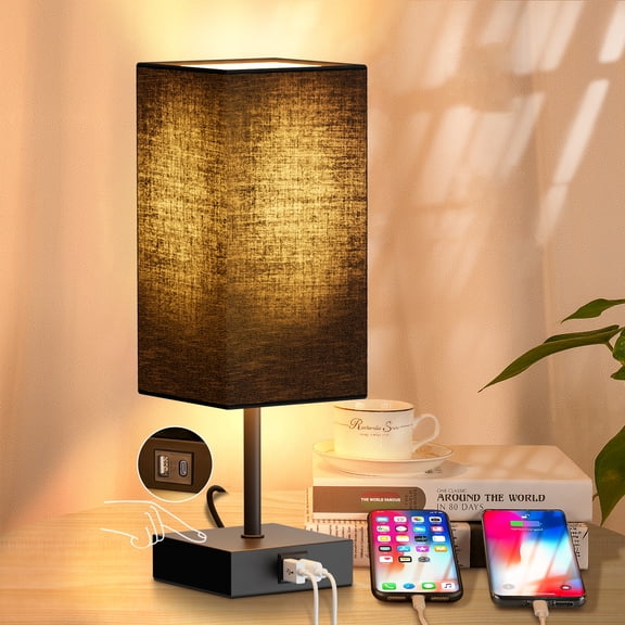 Sailstar Table Lamps with USB C+A Charging Ports, Modern Navy Blue Bedside Lamp for Bedroom, Black