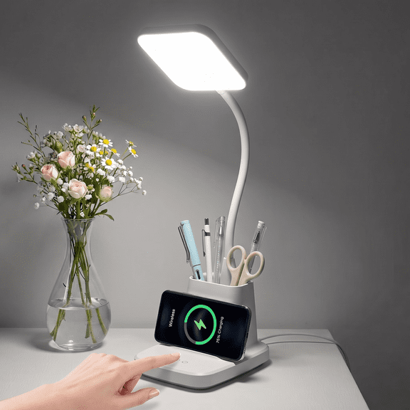 Sailstar Wireless Charging LED Desk Lamp with Pen Holder, 800LM Dimmable Office Desk Light, 3 Color Modes, 8W Study Lamp for Home Office, Computer Desk, Reading, White