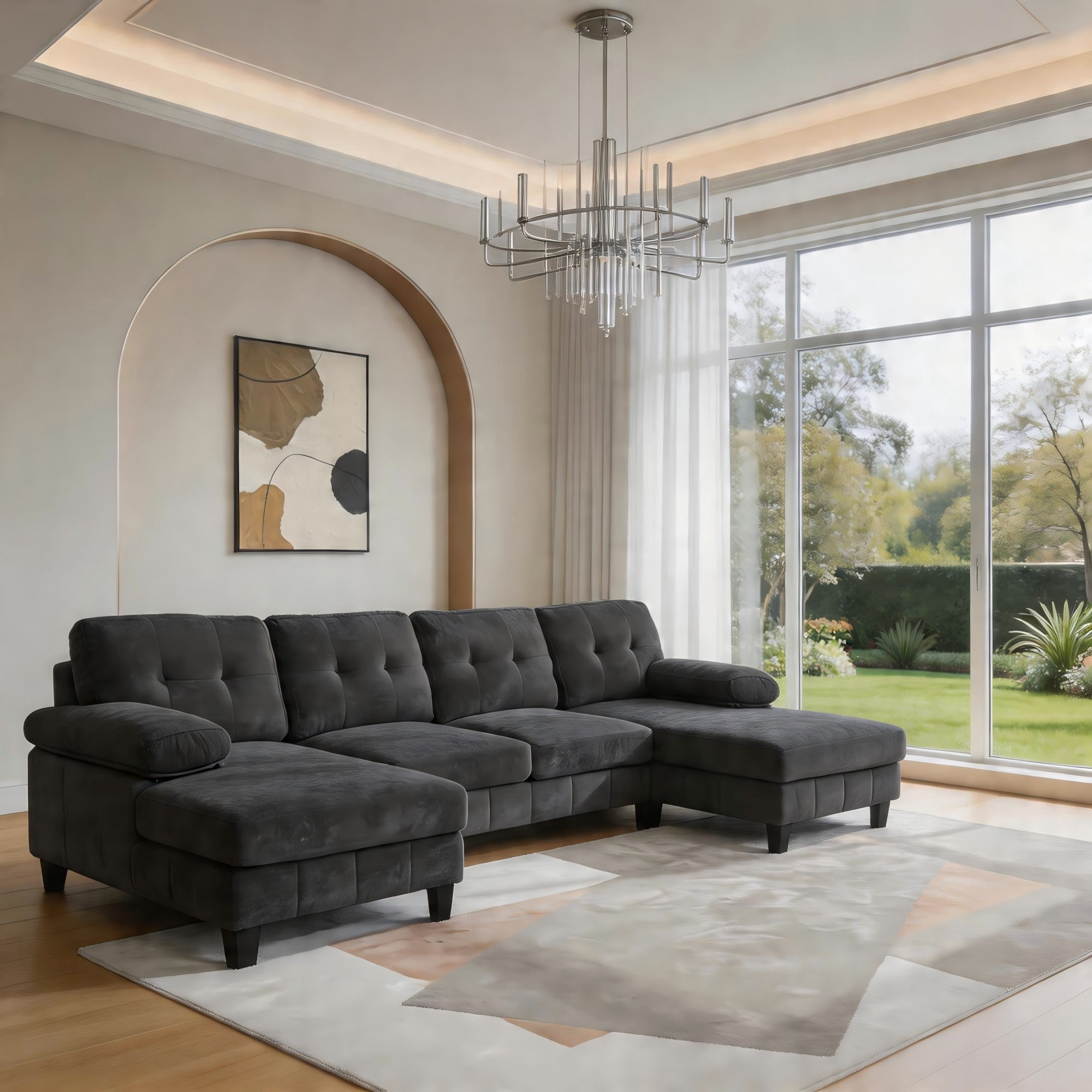 Sailvan 103.5" U-Shaped Sectional Sofa, Chenille Fabric Couch with Dual Chaises and Storage Pockets Black