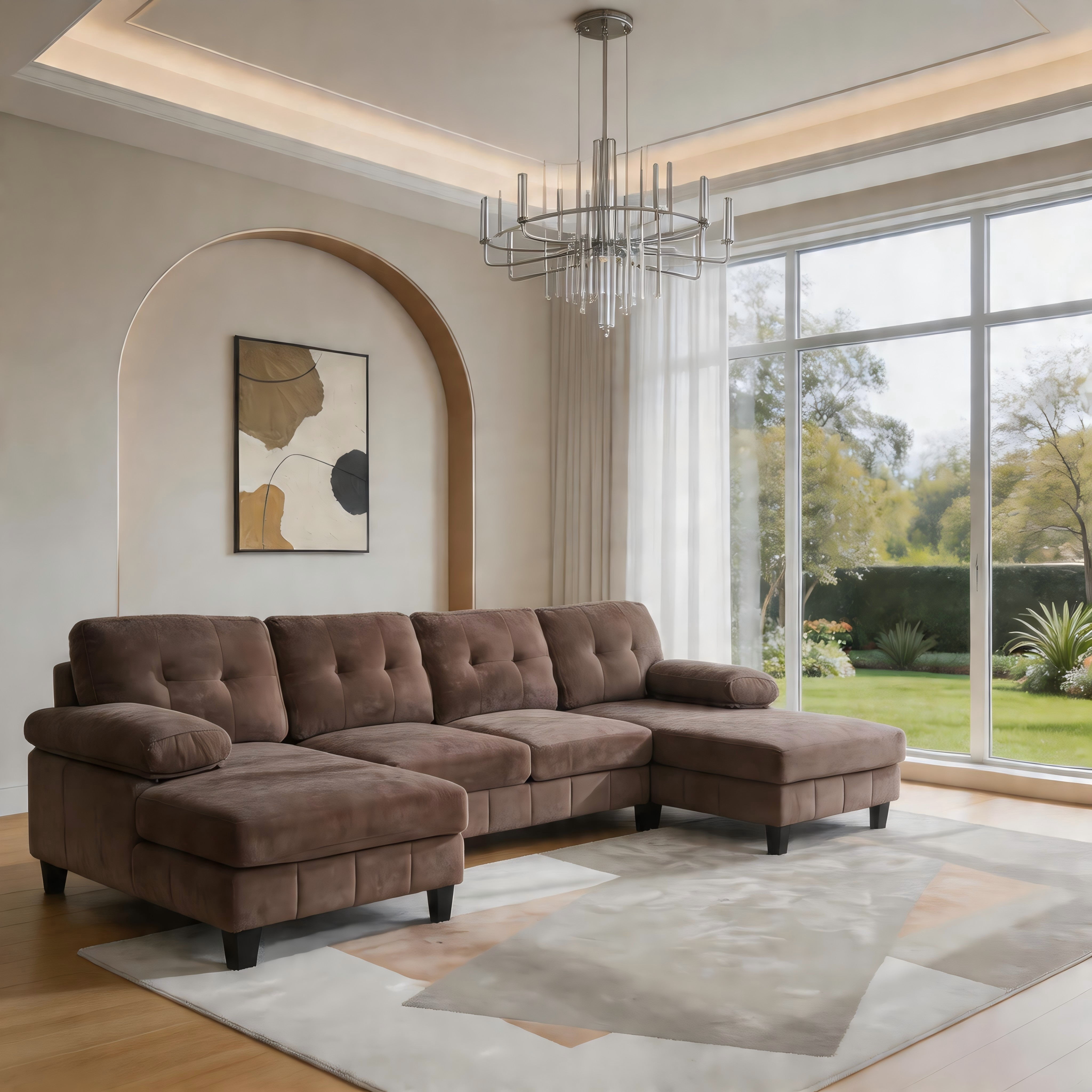 Sailvan 103.5" U-Shaped Sectional Sofa, Chenille Fabric Couch with Dual Chaises and Storage Pockets Brown