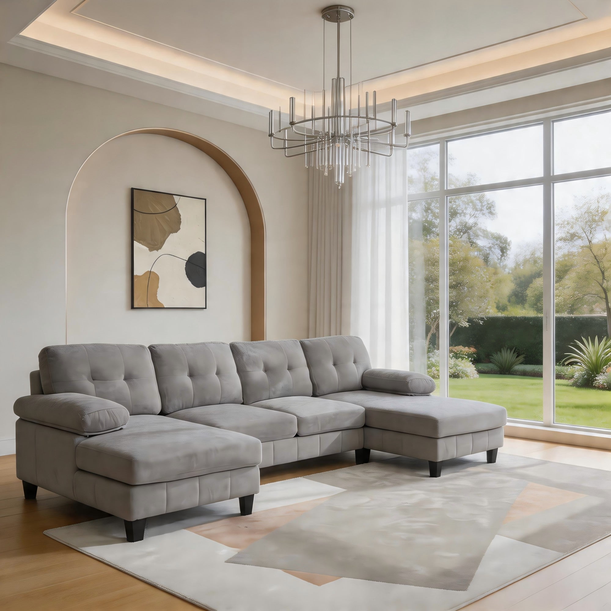 Sailvan 103.5" U-Shaped Sectional Sofa, Chenille Fabric Couch with Dual Chaises and Storage Pockets Grey
