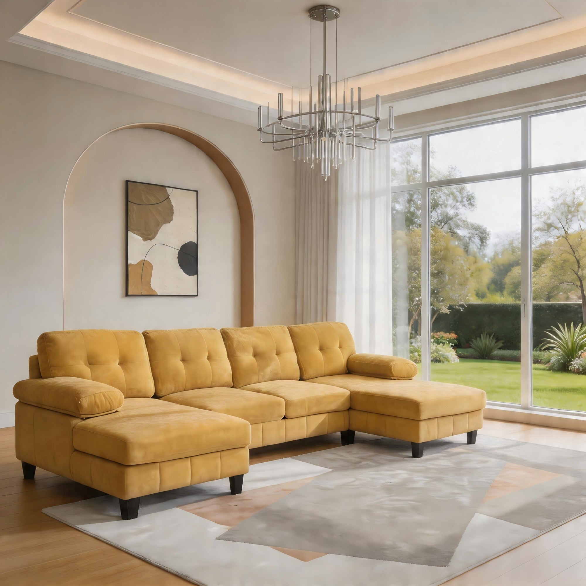 Sailvan 103.5" U-Shaped Sectional Sofa, Chenille Fabric Couch with Dual Chaises and Storage Pockets Yellow