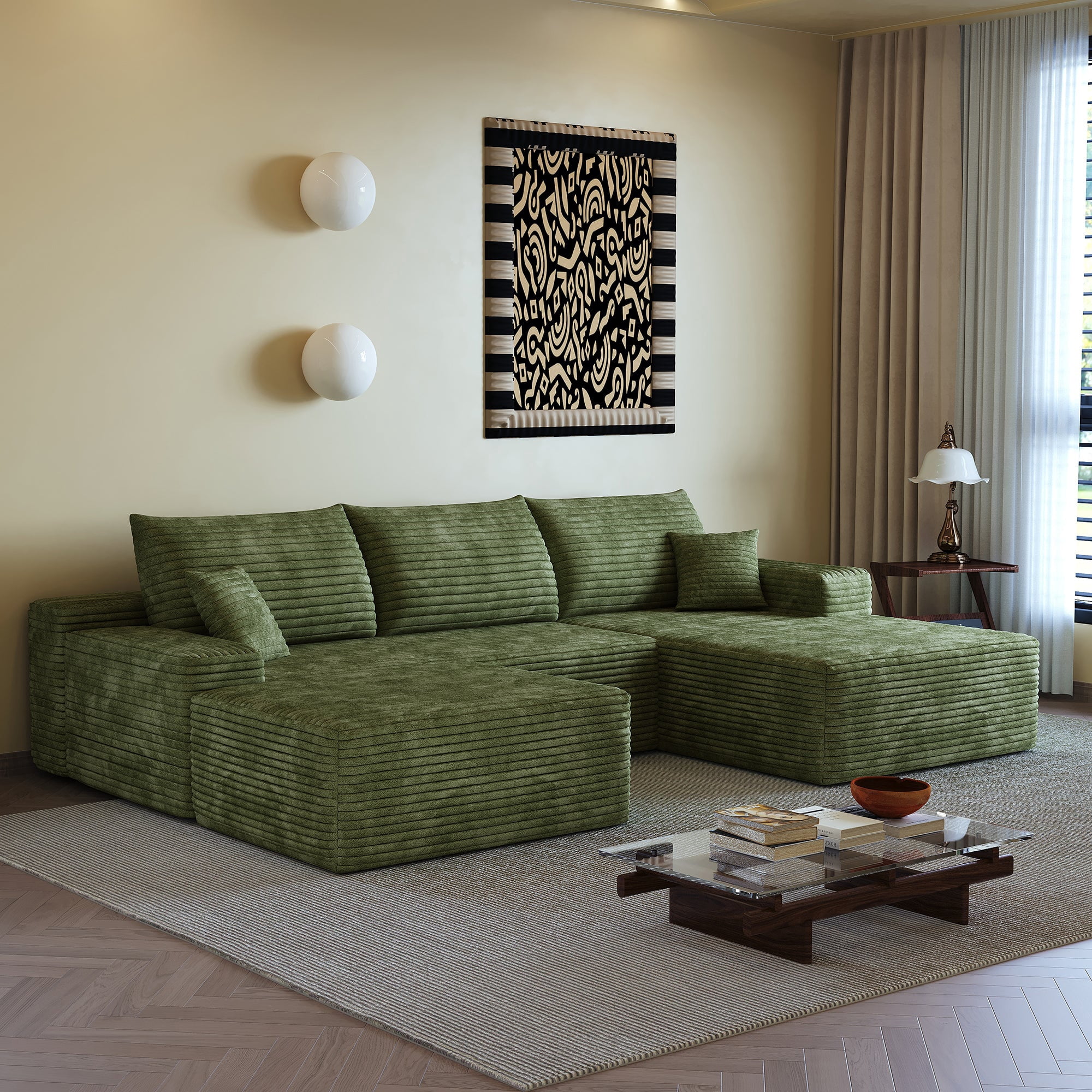 Sailvan 107" Cloud Sectional Couch, Cloudy Sofa with L-Shape Chaise & Ottoman, Upholstered Couches for Living Room & Bedroom, No Assembly Required, Plush Corduroy Fabric, Green