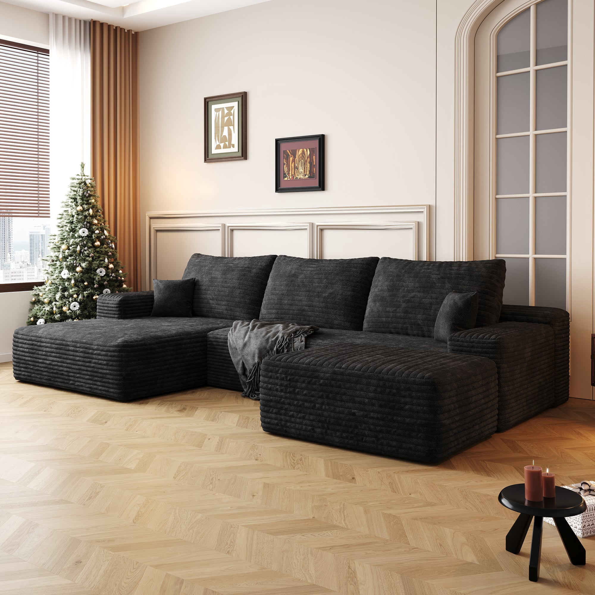Sailvan 107" Cloud Sectional Couch, Cloudy Sofa with L-Shape Chaise & Ottoman, Upholstered Couches for Living Room & Bedroom, No Assembly Required, Plush Corduroy Fabric, Black