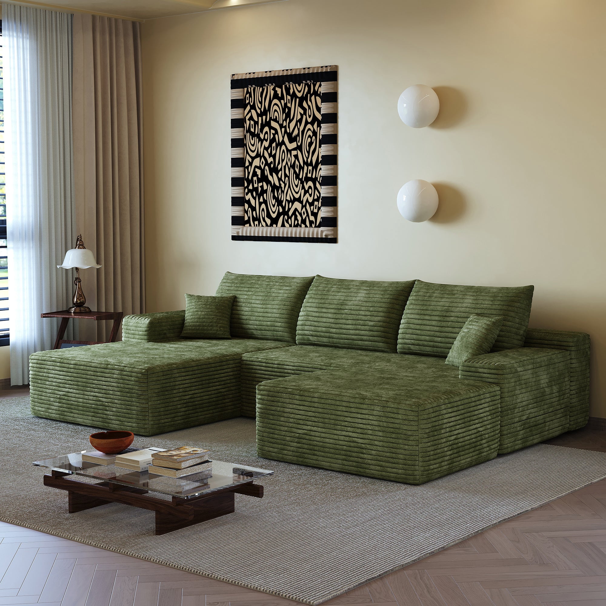 Sailvan 107" Cloud Sectional Couch, Cloudy Sofa with L-Shape Chaise & Ottoman, Upholstered Couches for Living Room & Bedroom, No Assembly Required, Plush Corduroy Fabric, Green