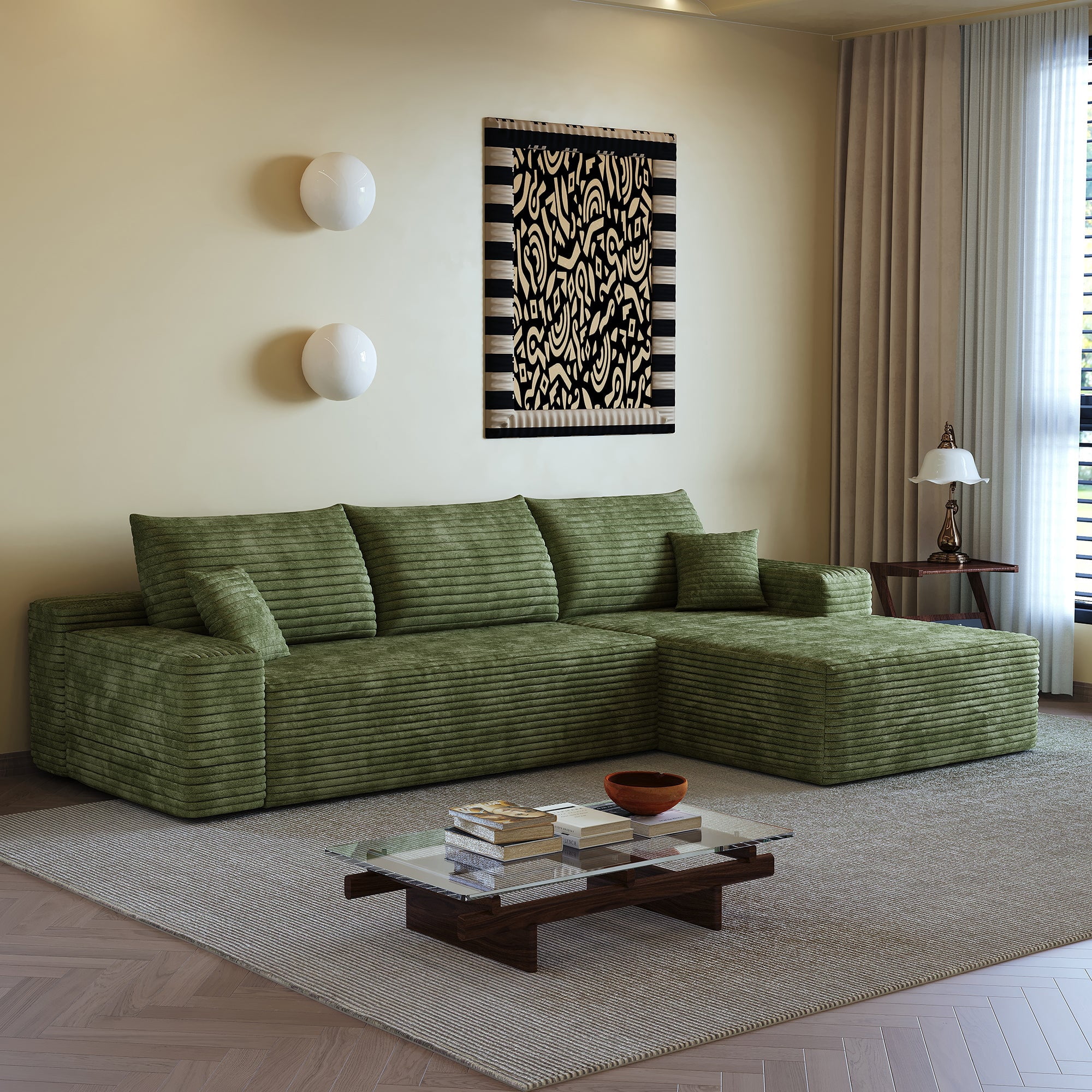 Sailvan 107" Cloud Sectional Couch, Cloudy Sofa with L-Shape Chaise, Upholstered Couches for Living Room & Bedroom, No Assembly Required, Plush Corduroy Fabric, Green