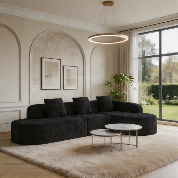 Sailvan 111.8" L-Shaped Curved Modular Sofa, Modern Lychee-Textured Sectional with Chaise, 3 Pillows Black
