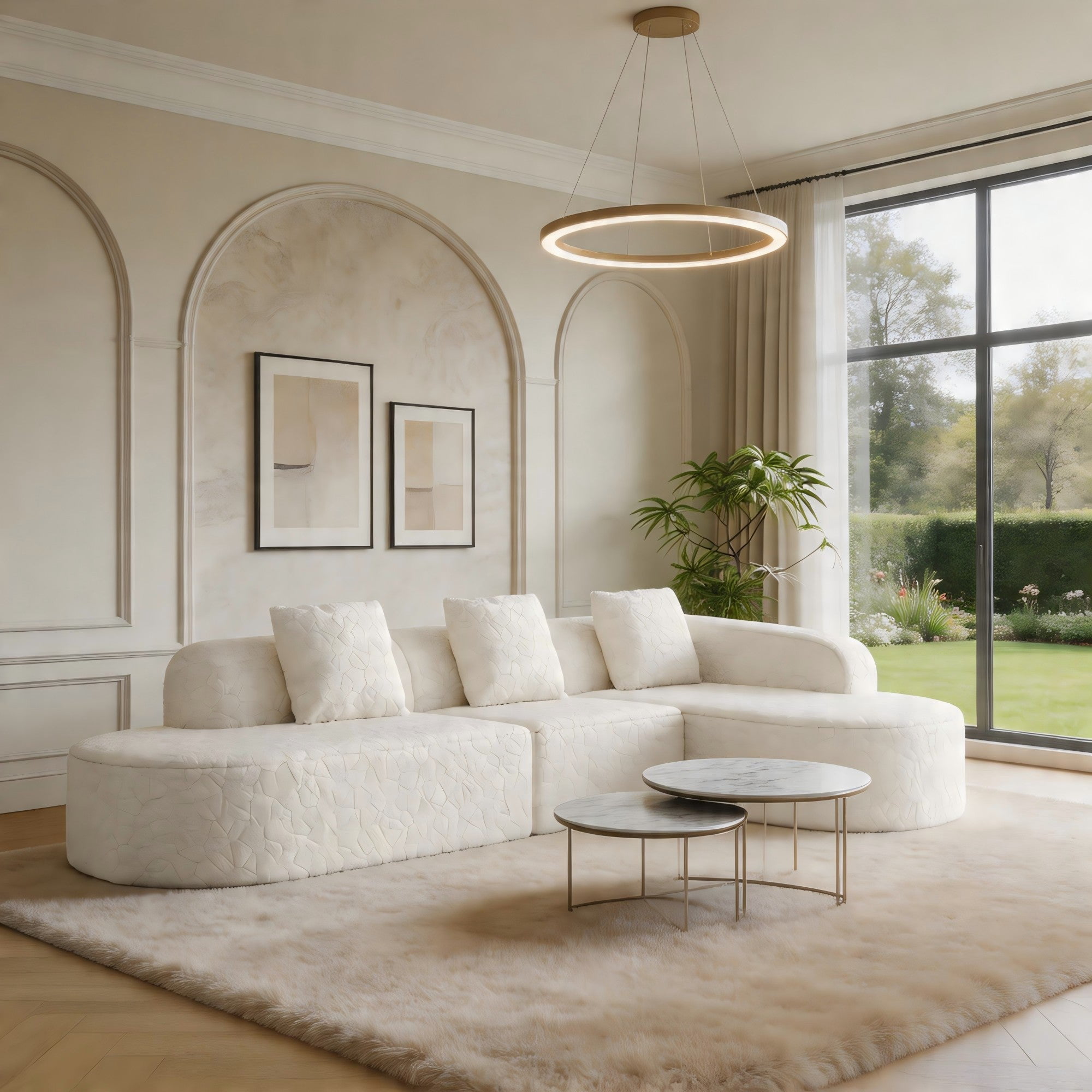 Sailvan 111.8" L-Shaped Curved Modular Sofa, Modern Lychee-Textured Sectional with Chaise, 3 Pillows White