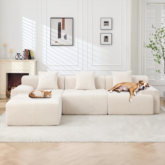 Sailvan 118"" Modern L-Shaped Modular Sectional Sofa, Corduroy Boneless Cloud Couch with Deep Seat and Moveable Ottoman, No Assembly Required