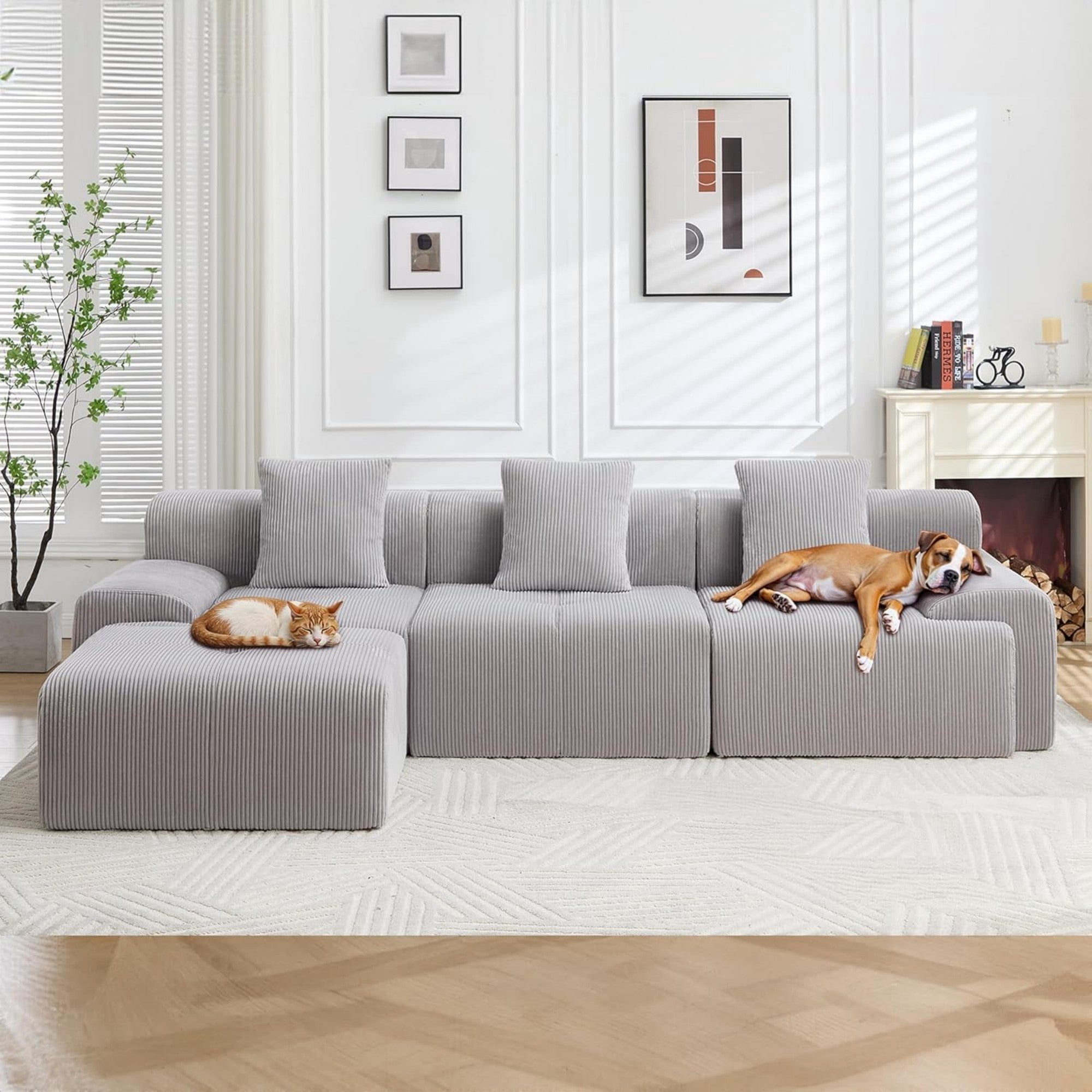 Sailvan 118"" Modern L-Shaped Modular Sectional Sofa, Corduroy Boneless Cloud Couch with Deep Seat and Moveable Ottoman, No Assembly Required