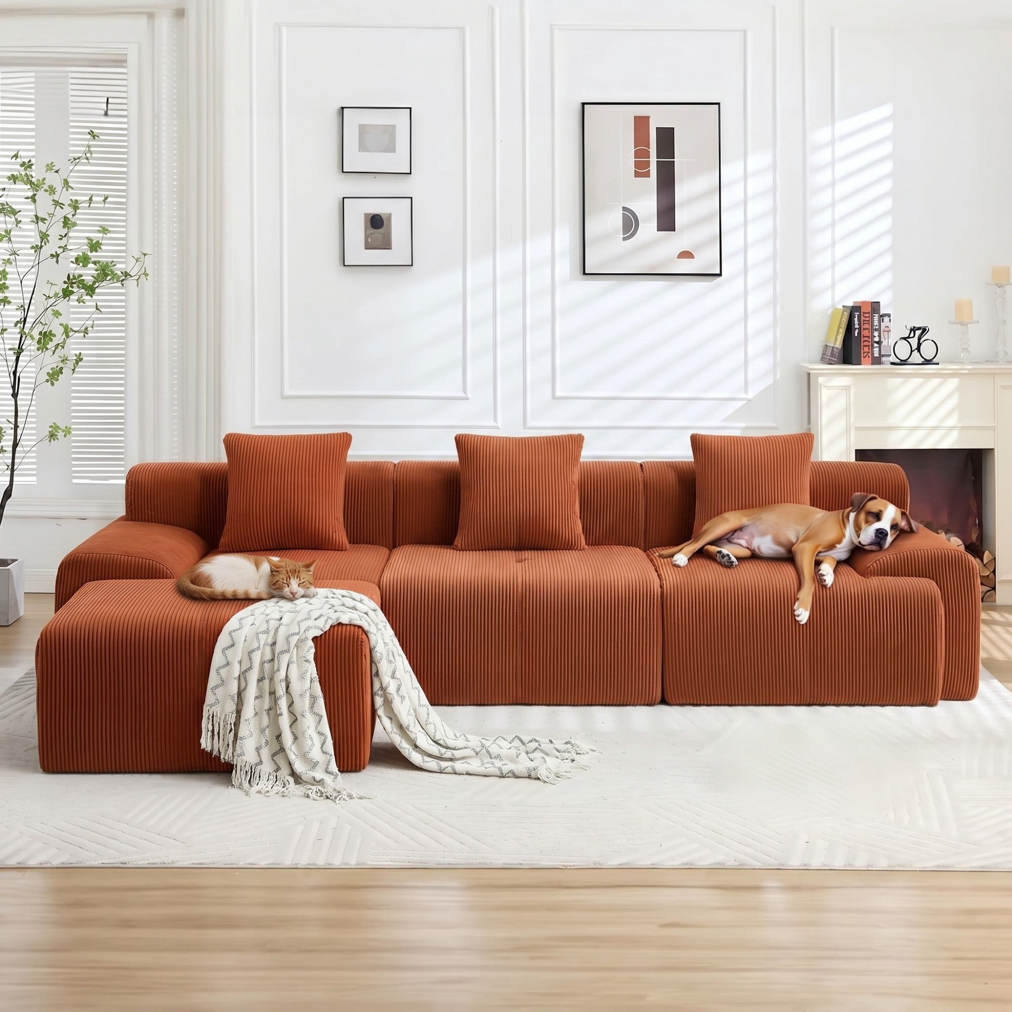 Sailvan 118"" Modern L-Shaped Modular Sectional Sofa, Corduroy Boneless Cloud Couch with Deep Seat and Moveable Ottoman, No Assembly Required