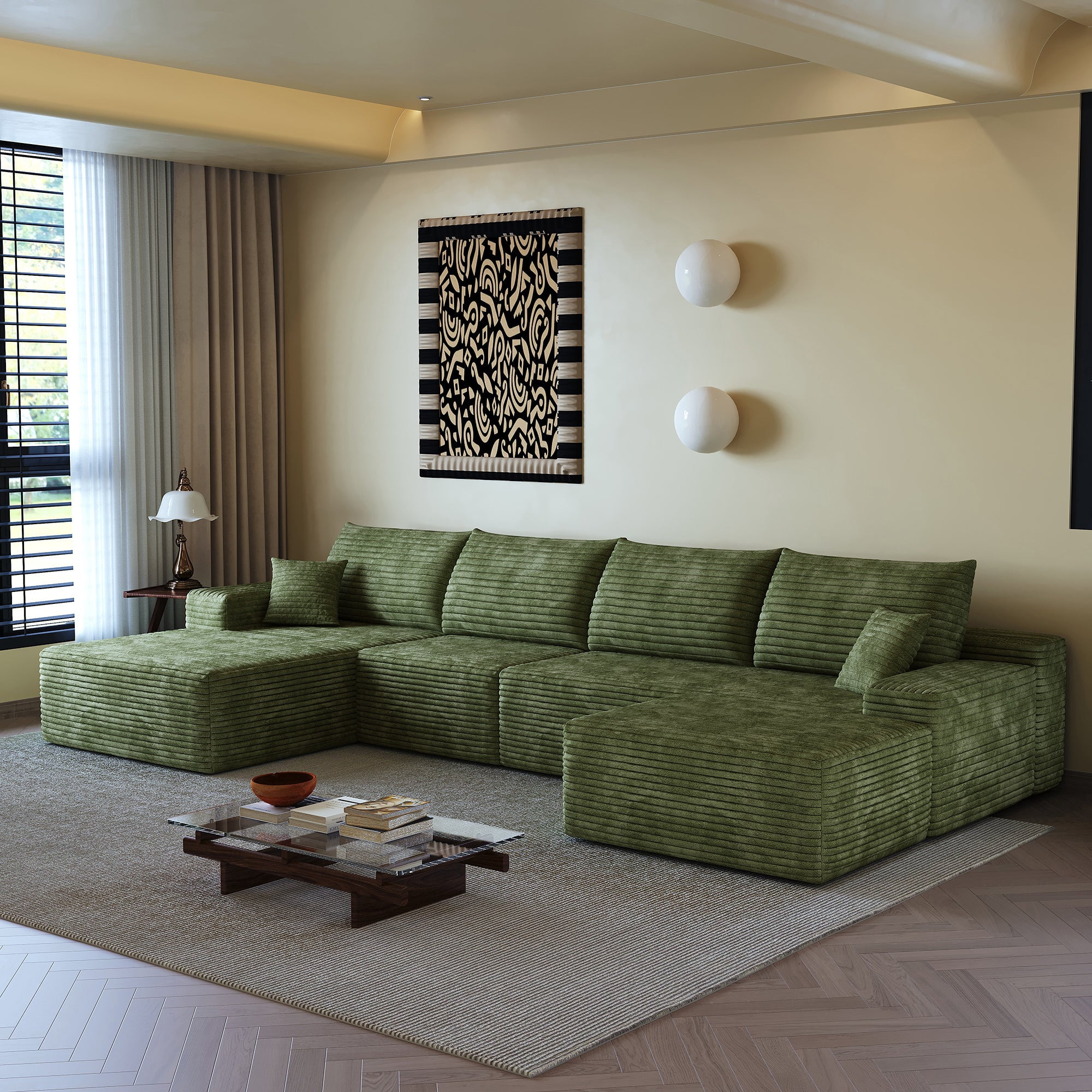 Sailvan 135" Cloud Sectional Couch, Cloudy Sofa with L-Shape Chaise & Ottoman, Upholstered Couches for Living Room & Bedroom, No Assembly Required, Plush Corduroy Fabric, Green