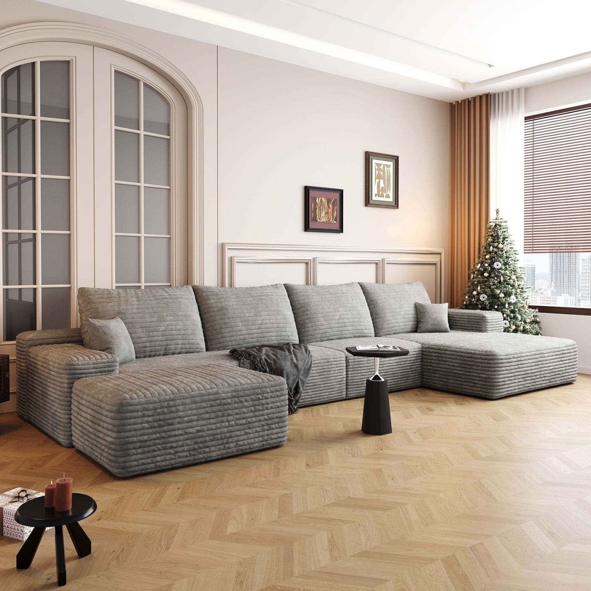 Sailvan 135" Cloud Sectional Couch, Cloudy Sofa with L-Shape Chaise & Ottoman, Upholstered Couches for Living Room & Bedroom, No Assembly Required, Plush Corduroy Fabric, Gray